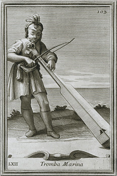 Trumscheit tromba marina, engraving from F. Bonannis book Cabinetto armonico, Rome, 1722, 1948 da Unbekannt